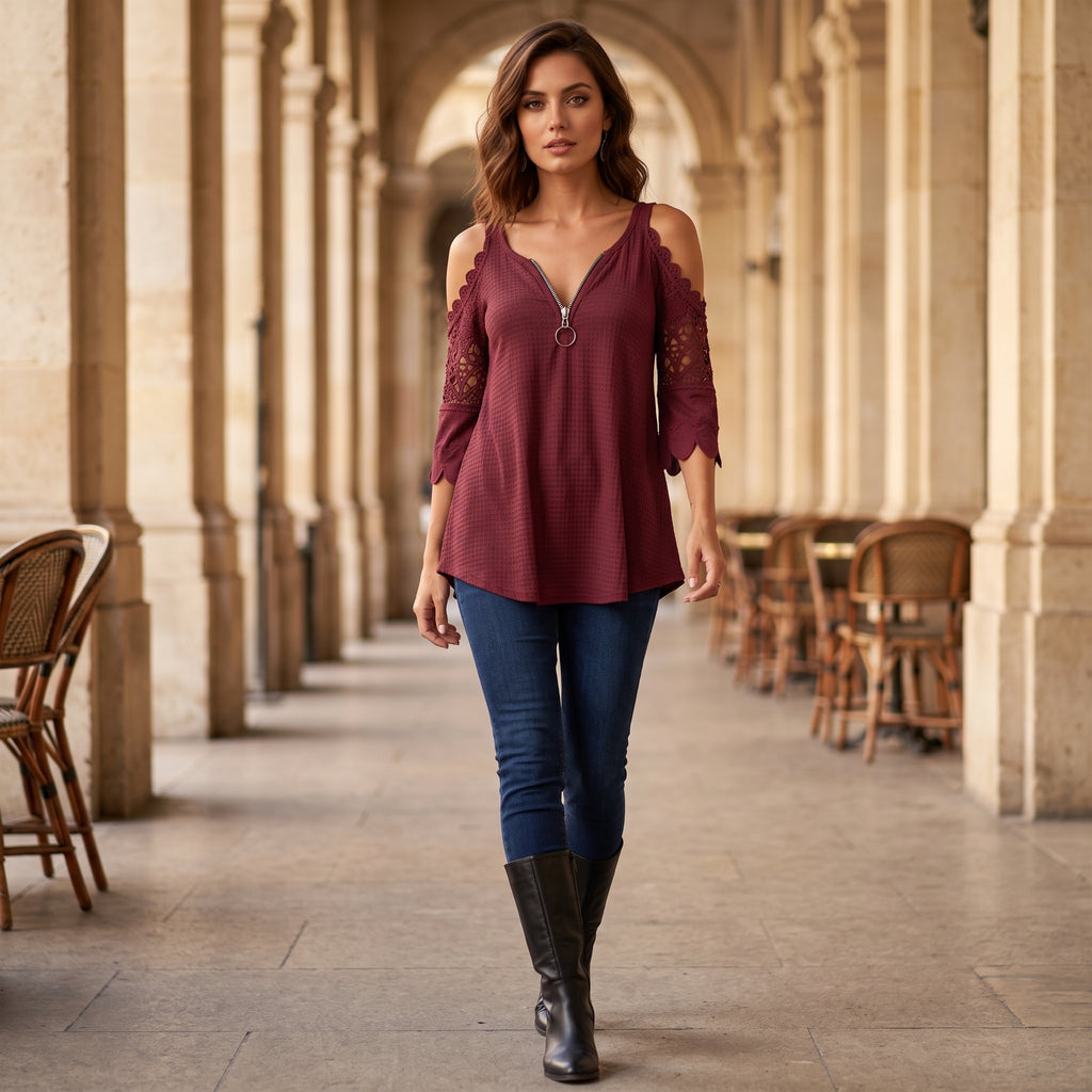 Gabriela | Blusa con hombros descubiertos y con cremallera en escote