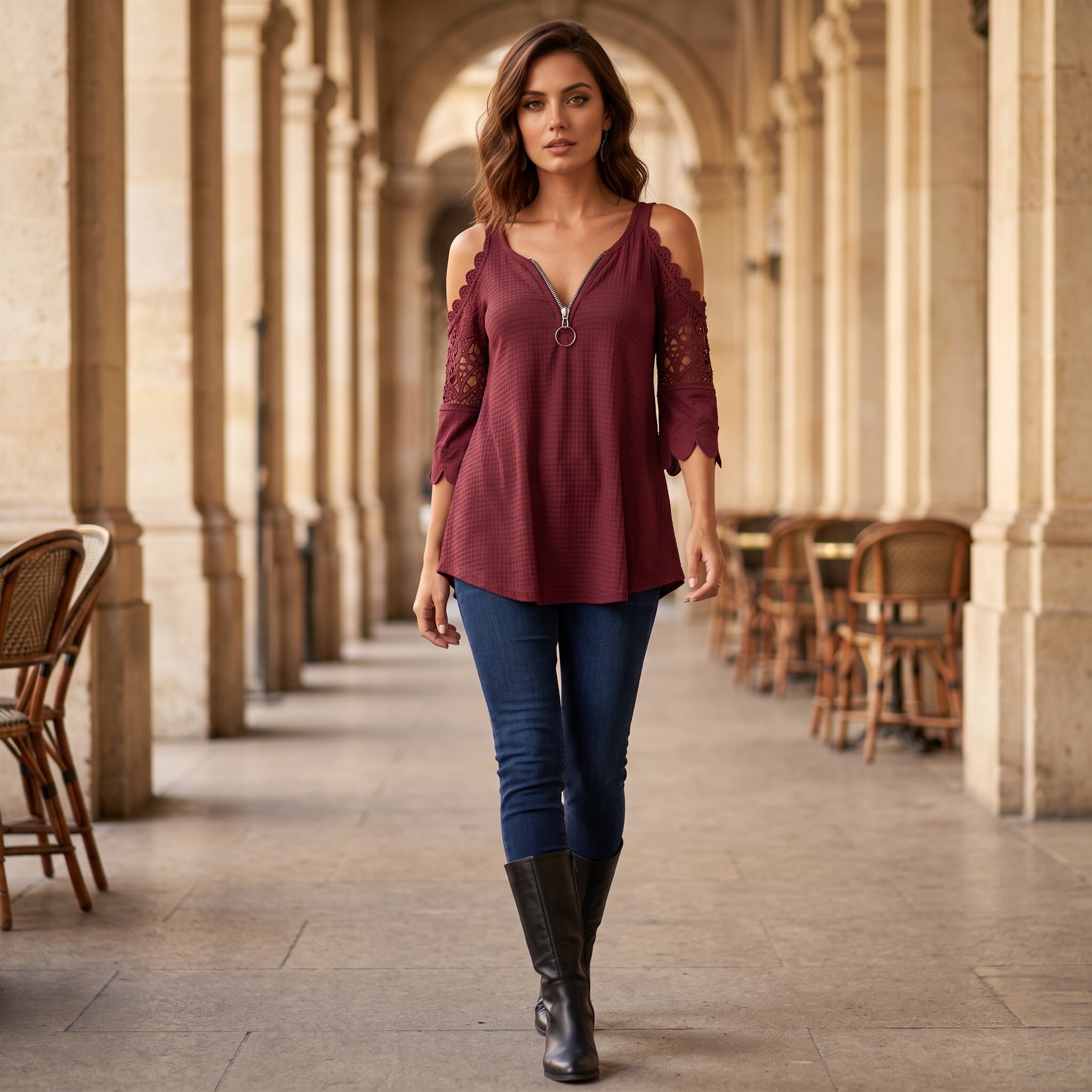 Gabriela | Blusa con hombros descubiertos y con cremallera en escote